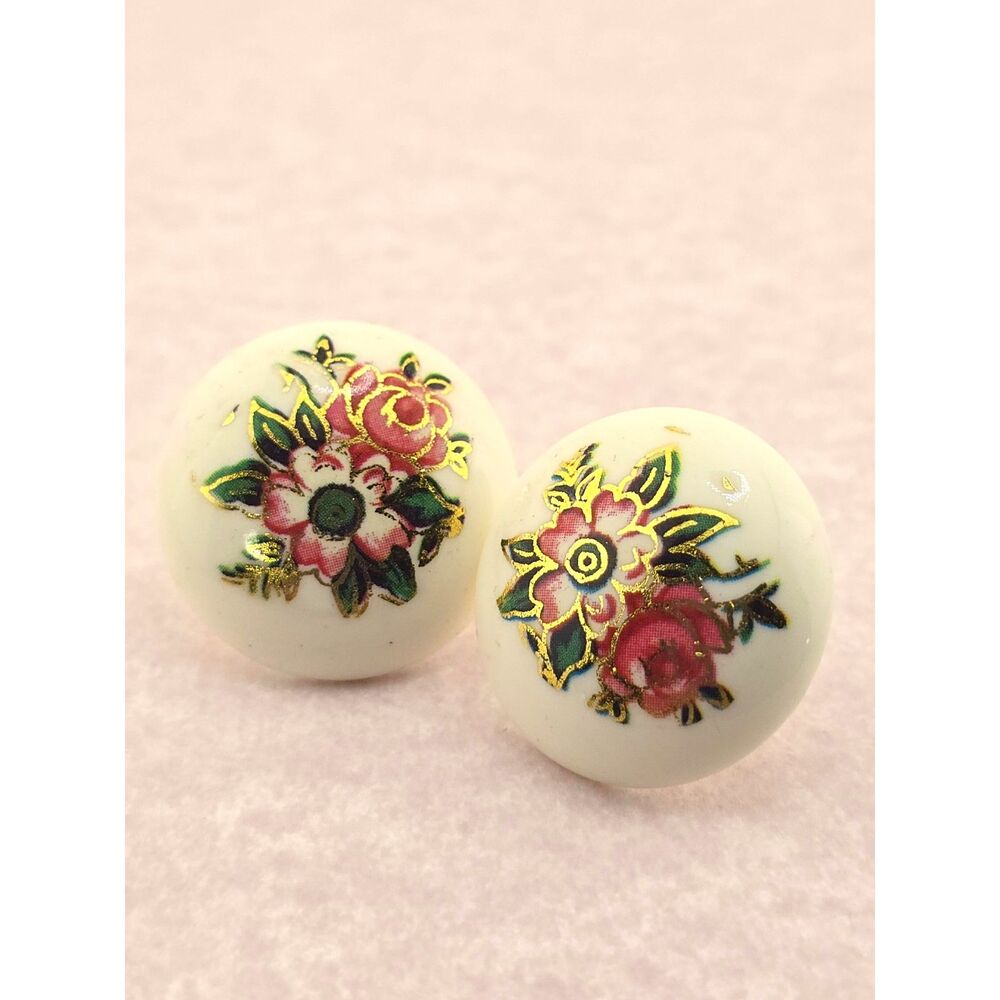 Vintage 80s Floral Stud Earrings Acrylic Pink Rose Cream Gold Tone Boho Dome